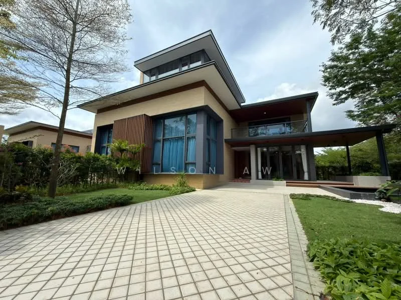 Exterior type: detached bungalow; features: two-storey building, white painted facade, wood paneling on facade, large floor-to-ceiling windows, covered porch, manicured lawn, paved walkway, landscaped garden with shrubs, modern architectural design, gabled roof, surrounded by trees; style: modern.