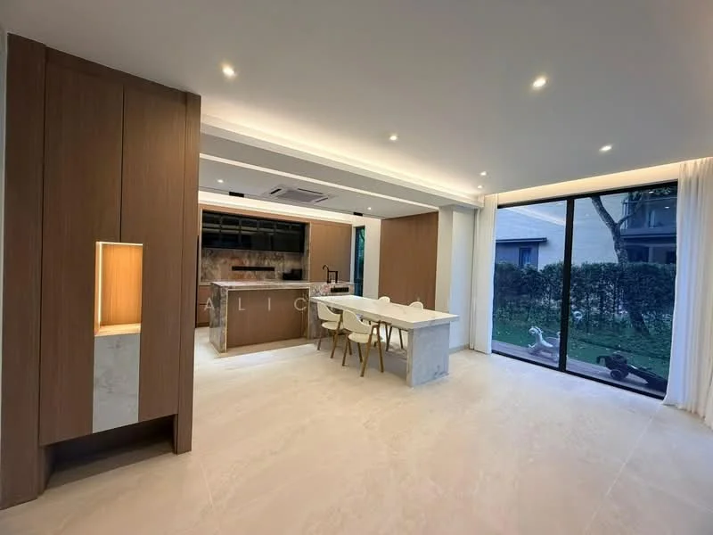 Kitchen features: white marble countertop, wood cabinetry, stainless-steel sink, chrome pull-down faucet, built-in oven, freestanding range oven, recessed LED downlights, open shelving, tile backsplash, island with seating, floor-to-ceiling windows, view of garden; style: modern; view: garden. Dining features: 6-seater dining table, white chairs, pendant lighting, open layout; style: modern; view: garden.