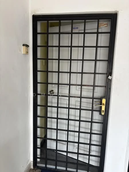 Room features: security grille door, white interior door, black metal frame, door handle, door lock, light switch, flooring visible, wall with white paint; style: modern.