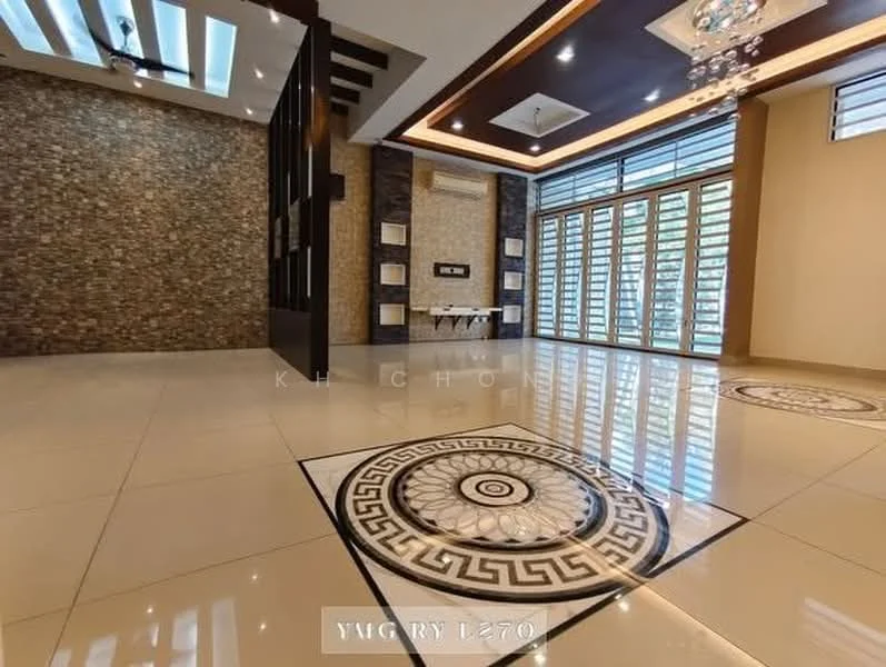 Living features: cream tiled flooring, decorative floor medallion, exposed stone accent wall, recessed ceiling with LED lighting, chandelier, large sliding glass doors, wall-mounted air conditioning unit, modern wall paneling, crown moulding, multiple windows for natural light; style: modern; view: garden.