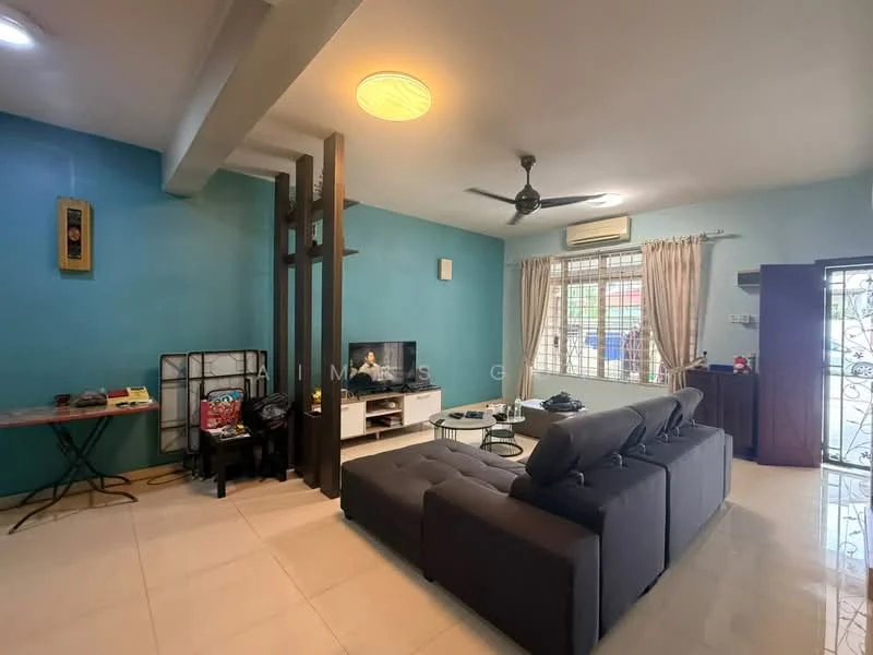 Living features: grey fabric sectional sofa, coffee table, wall-mounted TV, TV console, 5-blade ceiling fan with light, cream curtains, blue painted walls, white ceiling, tile flooring, decorative wall paneling, window with security bars, side table, decorative items on shelves; style: modern.