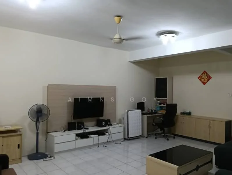 Living features: white painted walls, tile flooring, 5-blade ceiling fan with light, recessed downlights, wall-mounted TV, white TV console, black coffee table, wooden side cabinet, black office chair, standing fan, decorative wall art, built-in storage cabinet; style: modern.