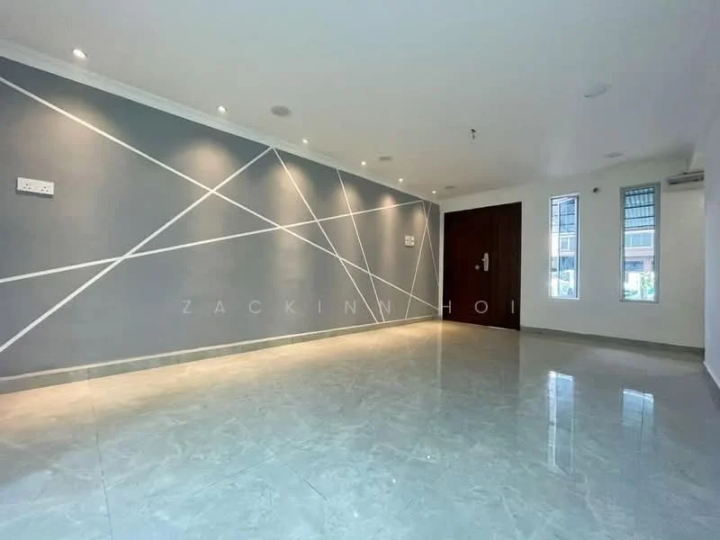 Room features: grey accent wall with geometric lines, white painted walls, polished marble flooring, recessed downlights, two small windows, wooden door, air conditioning unit; style: modern.
