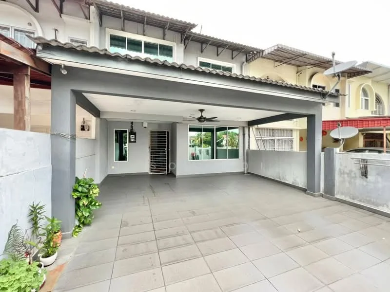 Exterior type: linked terrace house; features: covered car porch, grey painted facade, flat roof, manicured potted plants, sliding glass windows, outdoor ceiling fan, tiled flooring, exposed concrete wall, security grill, satellite dish; style: modern.