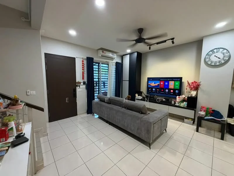 Living features: grey fabric sofa, wall-mounted TV, TV console, ceiling fan, white tiled flooring, recessed lighting, black cabinetry, decorative wall clock, curtains, air conditioning unit, decorative plants, open shelving, wall with window, door to outside; style: modern.