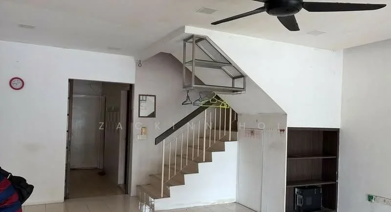 Living features: white painted walls, tile flooring, ceiling fan, staircase with metal railing, built-in shelving unit, wall-mounted TV, clock on wall, hanging coat rack; style: modern.