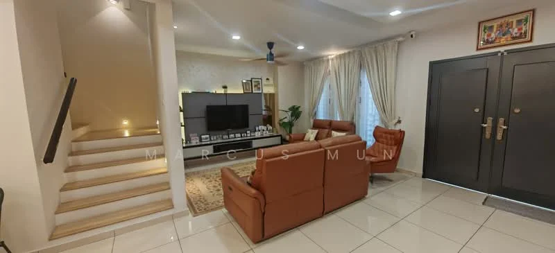Living features: cream painted walls, white ceiling with recessed downlights, large floor-to-ceiling windows with sheer curtains, brown leather reclining sofa, coffee table, TV console with wall-mounted TV, decorative artwork on wall, area rug with geometric pattern, staircase with wooden handrail, potted plant, tile flooring; style: modern.