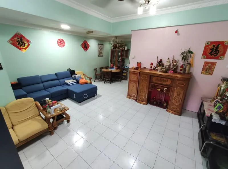 Living features: blue fabric sofa, wooden coffee table, cream armchair, white tiled flooring, light green painted walls, pink accent wall, ceiling fan with light, decorative wall art, wooden cabinet with religious artifacts, dining table with chairs, wall-mounted decorations, houseplants; style: traditional.