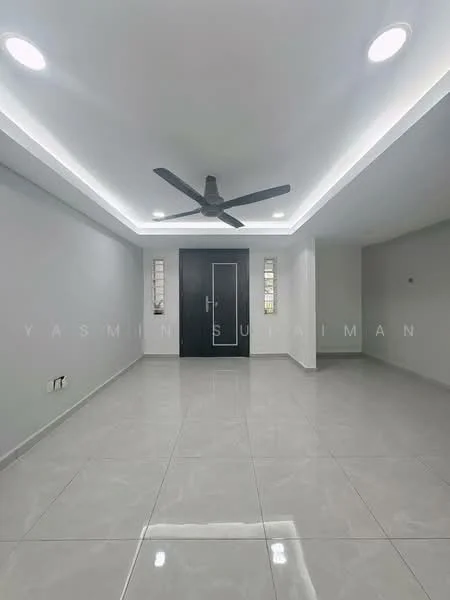 Room features: grey painted walls, polished ceramic tile flooring, recessed LED downlights, 5-blade ceiling fan, white ceiling with cove lighting, black front door, two narrow windows on the side walls; style: modern.