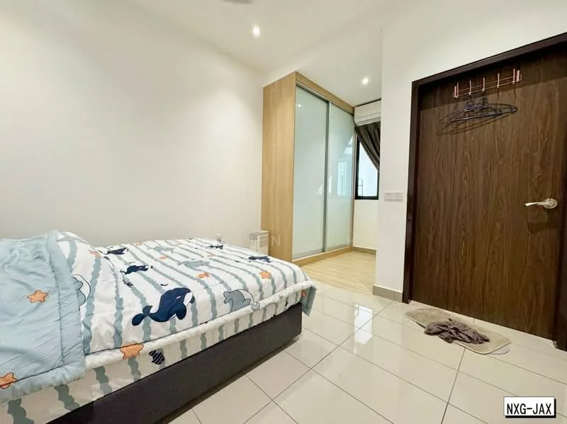 Bedroom features: queen-size bed with patterned bedding, wooden headboard, floor-to-ceiling glass windows, curtains, light-colored walls, tile flooring, built-in wardrobe with sliding doors, decorative wall paneling, ceiling fan, wall-mounted coat rack, area rug; style: modern.