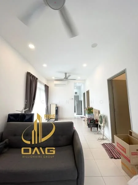 Living features: white painted walls, tile flooring, 5-blade ceiling fan with light, recessed downlights, floor-to-ceiling windows with sheer curtains, sofa in grey, TV console, air conditioning unit, decorative rug, cardboard boxes, curtains, wall-mounted mirror; style: modern.