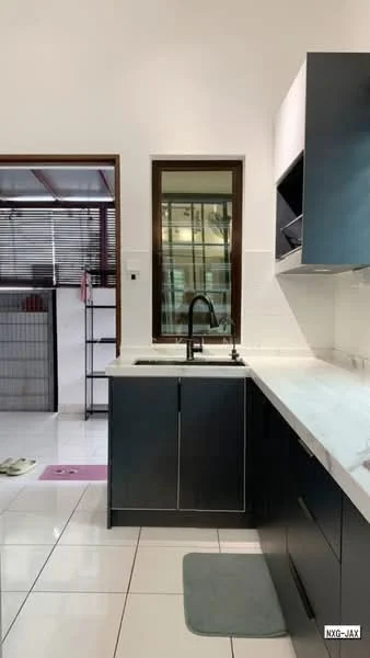 Kitchen features: black cabinetry, white marble countertop, single-bowl stainless-steel sink, matte-black gooseneck faucet, built-in oven, ceramic tile flooring, window with view to outdoor space, recessed downlights, open shelving, grey rug; style: modern.