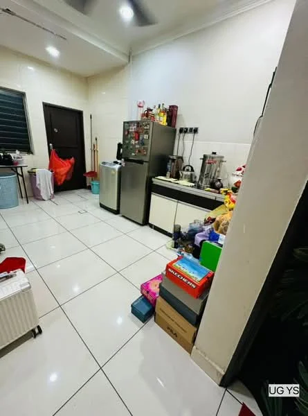Kitchen features: white tiled walls, glossy white tile flooring, stainless-steel fridge, built-in oven, countertop with storage cabinets, kitchen appliances including blender and kettle, multiple boxes and items on the floor, window with black grille, ceiling fan; style: modern.