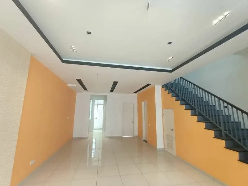Room features: orange painted walls, white painted walls, glossy tile flooring, recessed downlights, exposed ceiling beams, staircase with metal railing, large windows for natural light, open layout; style: modern.