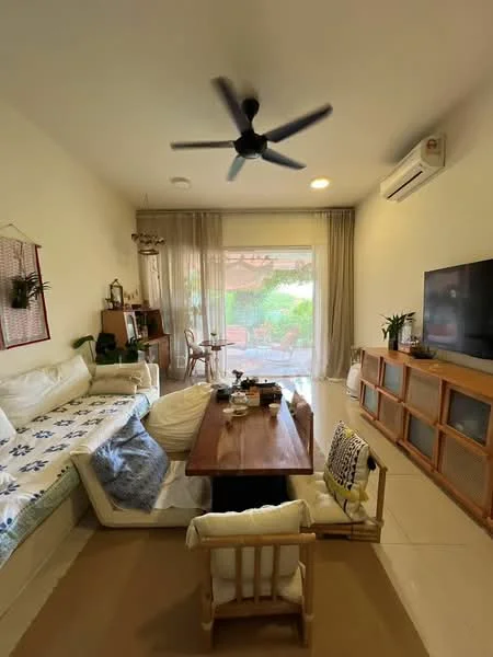 Living features: 3-seater fabric sofa in white, wooden coffee table, TV console with storage, wall-mounted TV, ceiling fan with 5 blades, recessed downlights, floor-to-ceiling sliding glass door, sheer curtains, decorative plants, area rug with neutral color, wooden armchair, decorative wall hanging; style: modern; view: garden.