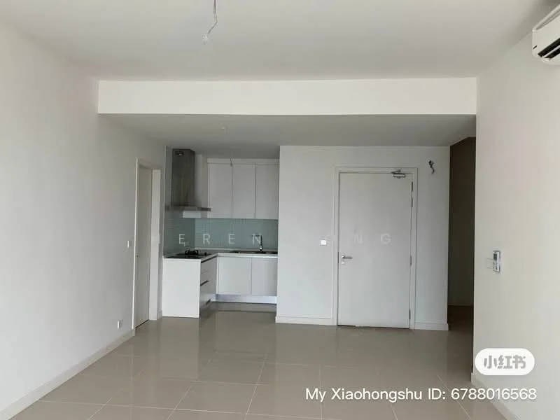 Living features: white painted walls, glossy tile flooring, open layout, kitchen area with cabinets, stainless-steel range hood, built-in kitchen cabinets, single-bowl stainless-steel sink, chrome pull-down faucet, recessed downlights, sliding door, air conditioning unit; style: modern.