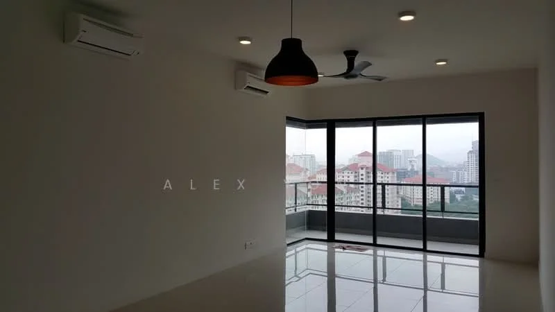 Living features: floor-to-ceiling windows, sliding glass door, white painted walls, polished tile flooring, 5-blade ceiling fan with light, recessed LED downlights, air conditioning unit, air conditioning unit, city view; style: modern; view: city.