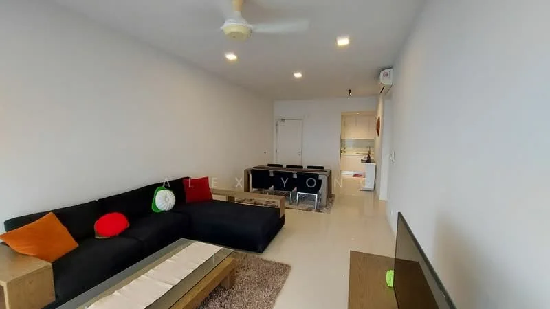 Living features: black fabric sectional sofa, orange throw pillow, red throw pillow, white coffee table with wooden legs, area rug with geometric pattern, wall-mounted TV, 5-blade ceiling fan, wall-mounted split AC, light-colored walls, glossy tile flooring; style: modern. Kitchen features: open kitchen layout, white cabinetry, stainless-steel appliances, countertop with bar seating; style: modern.