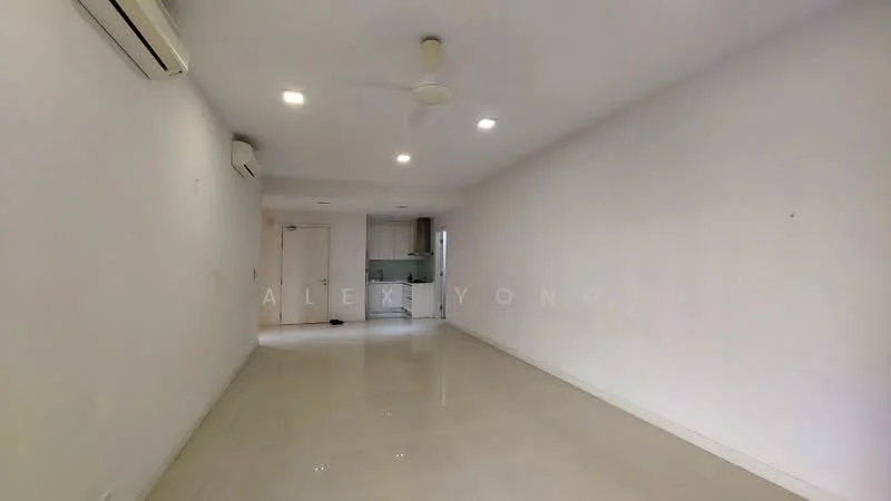 Living features: white painted walls, polished tile flooring, recessed LED downlights, 5-blade ceiling fan, wall-mounted split AC, open layout, kitchen area visible in background; style: modern.