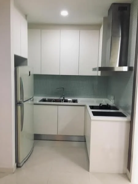 Kitchen features: white cabinetry, stainless-steel fridge, double-bowl stainless-steel sink, chrome pull-down faucet, granite countertop, tile backsplash in light green, built-in oven, stainless-steel range hood, ceramic tile flooring, recessed downlights; style: modern.