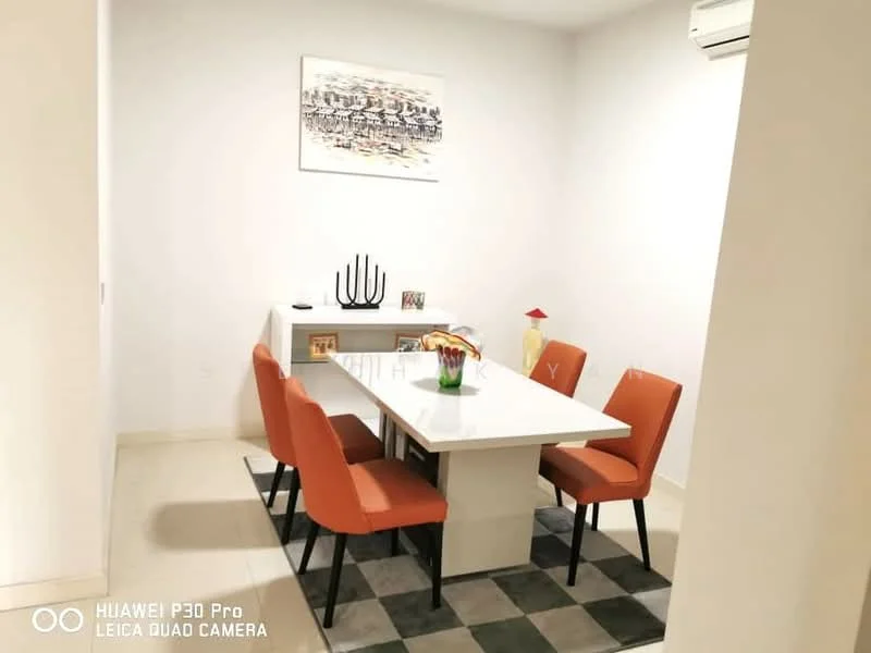 Dining features: white rectangular dining table, 4 orange upholstered dining chairs, decorative centerpiece with flowers, framed artwork on wall, wall-mounted air conditioning unit, light-colored walls, tile flooring, area rug with geometric pattern; style: modern.