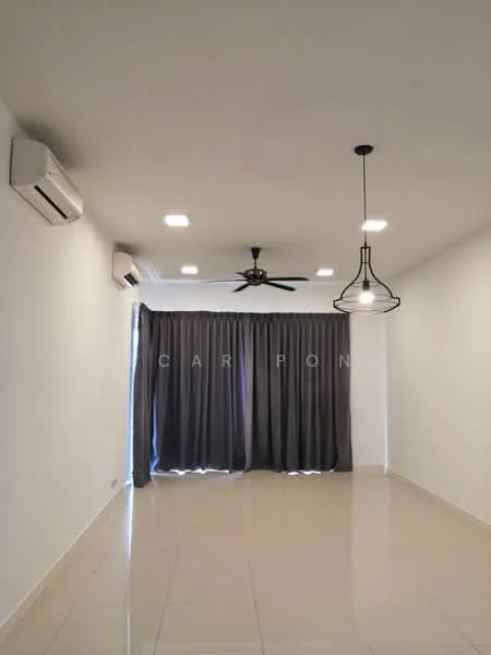 Living features: white painted walls, glossy tile flooring, 5-blade ceiling fan with light, recessed LED downlights, hanging pendant light, floor-to-ceiling windows covered with grey curtains, 2 wall-mounted split AC units; style: modern.