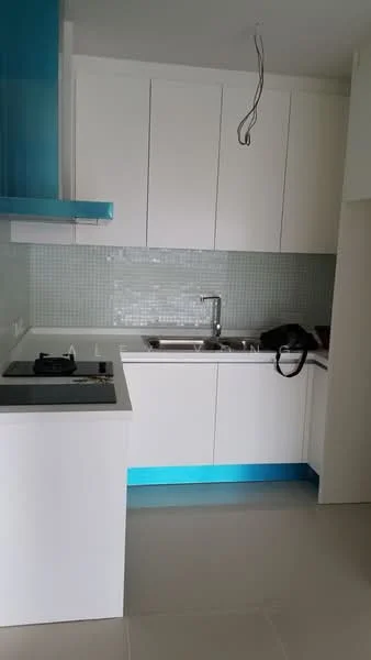 Kitchen features: white cabinetry, blue accent strip on cabinetry, stainless-steel sink, chrome pull-down faucet, glass tile backsplash in light blue, built-in stove, countertop with overhang, light-colored tile flooring, under-cabinet lighting, open shelving, cable hanging from ceiling; style: modern.