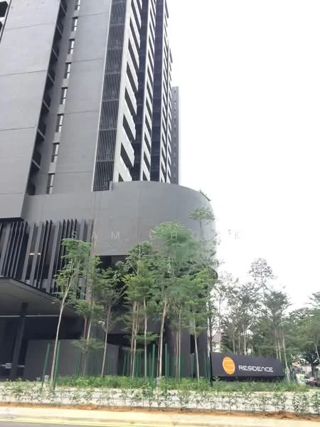 Exterior type: high-rise condominium; features: black painted facade, glass curtain wall, recessed balconies, landscaped greenery at base, signage with the word 'RESIDENCE', modern architectural design; style: modern.