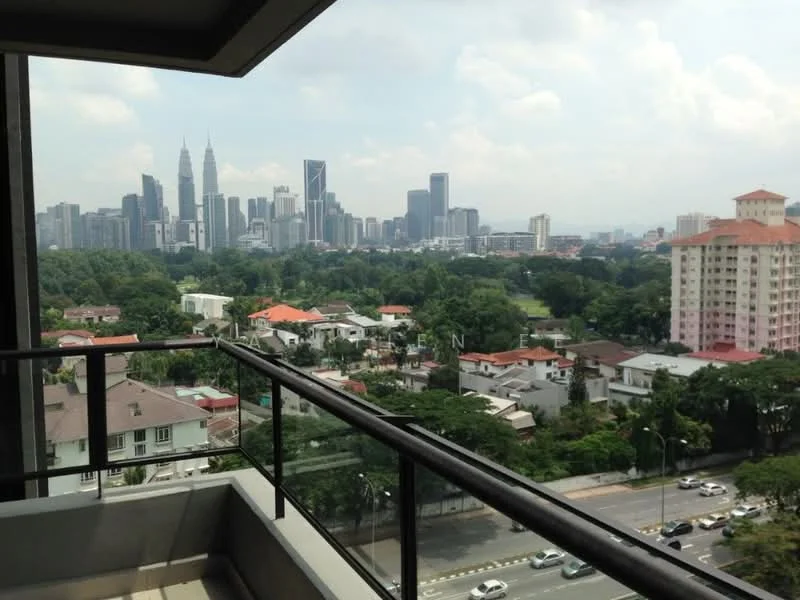 Balcony features: glass railing, concrete flooring, city skyline view, overlooking residential area, overlooking greenery; style: modern; view: city.