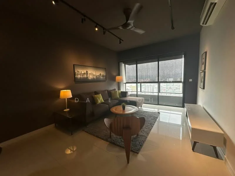Living features: dark grey painted walls, polished tile flooring, 5-blade ceiling fan with light, recessed LED downlights, sofa in dark fabric, coffee table, floor-to-ceiling windows, sheer curtains, area rug with geometric pattern, decorative lamp, TV console, wall-mounted TV; style: modern; view: city.