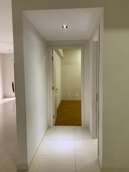 Room features: white painted walls, tile flooring, recessed downlights, doorway leading to another room, neutral color scheme, narrow hallway; style: modern.