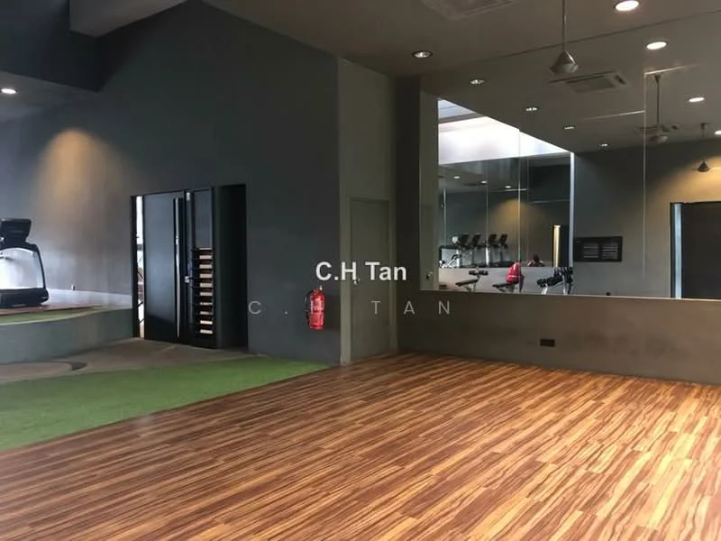 Room features: wooden flooring, grey painted walls, large mirror on wall, recessed downlights, ceiling fan, exercise equipment visible, artificial grass area, fire extinguisher mounted on wall, black cabinetry, open layout; style: modern.