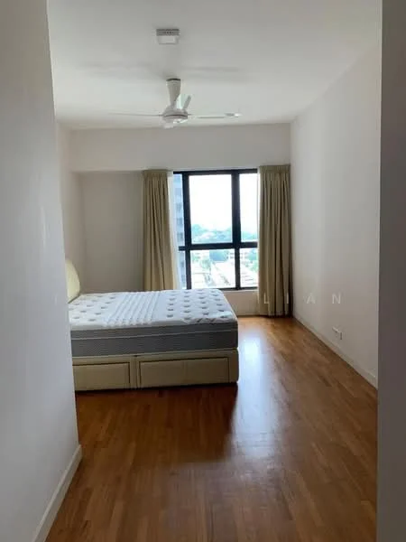 Bedroom features: wooden flooring, white painted walls, ceiling fan, floor-to-ceiling window, curtains, queen-size bed base, mattress, city view; style: modern; view: city.