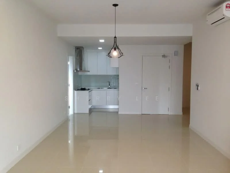 Living features: cream painted walls, glossy ceramic tile flooring, recessed downlights, pendant lamp, sliding glass door, air conditioning unit, open kitchen layout, kitchen cabinetry, countertop, white shaker cabinets; style: modern.