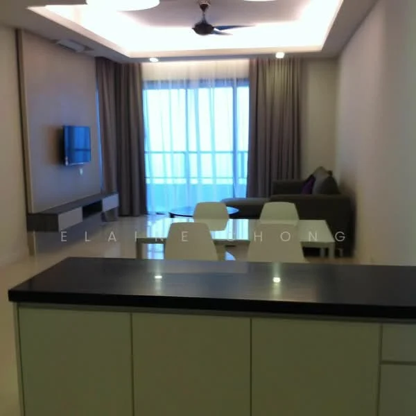 Living features: sofa in grey, coffee table, wall-mounted TV, TV console, floor-to-ceiling windows, sheer curtains, recessed downlights, ceiling fan, area rug, dining table with white chairs; style: modern; view: city.