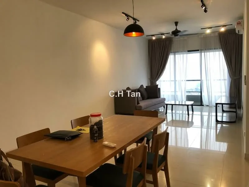 Living features: white painted walls, glossy tile flooring, 5-blade ceiling fan with light, track lighting, floor-to-ceiling windows, sheer curtains, sofa in grey fabric, dining table with 6 wooden chairs, decorative wall clock; style: modern; view: city.