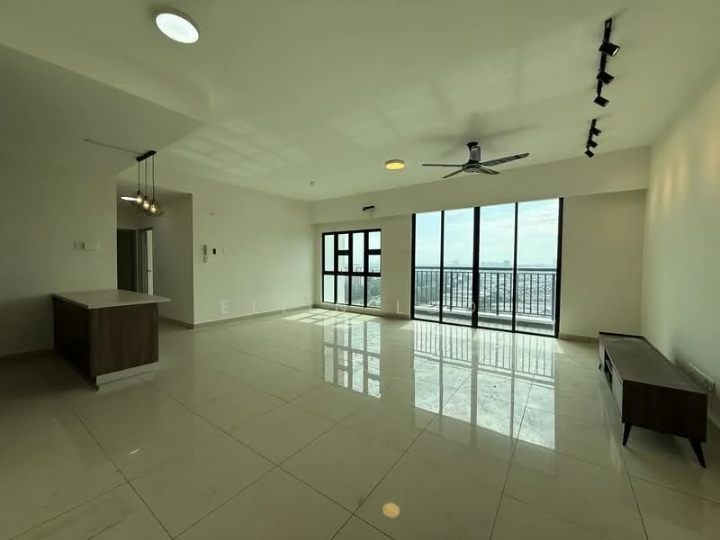 Living features: large floor-to-ceiling windows, sliding glass door, white painted walls, polished marble tile flooring, 5-blade ceiling fan with light, track lighting, recessed downlights, open layout, wall-mounted TV console, natural light from windows, view of city skyline; style: modern; view: city. Kitchen features: kitchen island with countertop, wood cabinetry, stainless-steel sink, chrome pull-down faucet; style: modern.