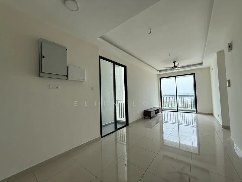 Living features: white painted walls, glossy ceramic tile flooring, ceiling fan, floor-to-ceiling windows, sliding glass door, balcony access, built-in wall cabinet, natural light; style: modern; view: city.