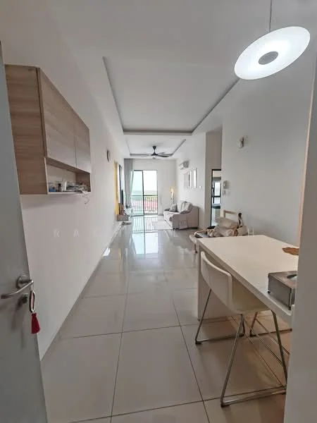 Room features: white painted walls, glossy tile flooring, recessed ceiling with lighting, ceiling fan, dining table with white chairs, wooden cabinetry, large sliding glass door, natural light from window, sofa in living area, decorative wall art; style: modern; view: city.