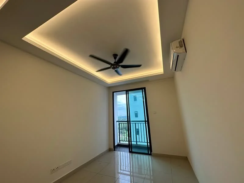 Room features: white painted walls, polished tile flooring, tray ceiling with LED lighting, 5-blade ceiling fan, 1 wall-mounted split AC, floor-to-ceiling sliding glass door, balcony access, city view; style: modern; view: city.