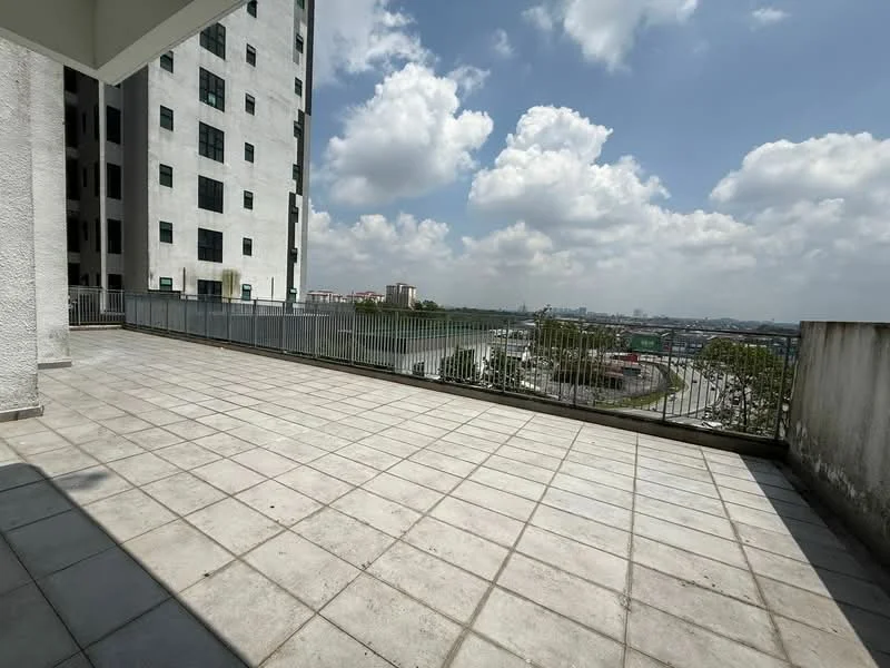 Exterior type: high-rise condominium; features: large outdoor terrace, concrete flooring, metal railing, city skyline view, surrounded by greenery, clear blue sky; style: modern.