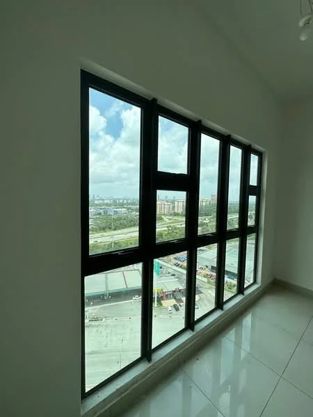 Room features: floor-to-ceiling windows, black window frames, white painted walls, glossy tile flooring, city view, natural light, high ceiling; style: modern; view: city.