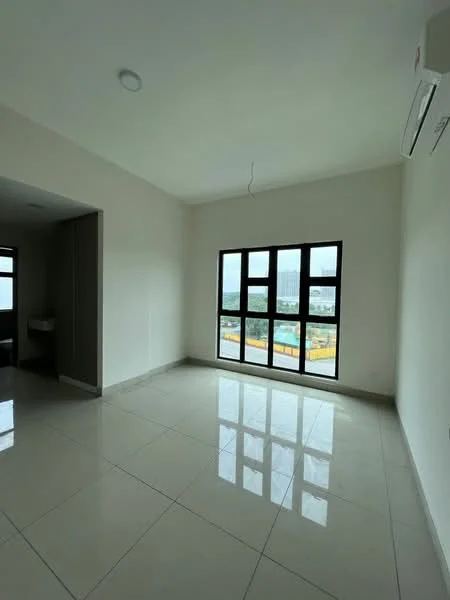 Room features: white painted walls, glossy ceramic tile flooring, floor-to-ceiling windows, 1 wall-mounted split AC, recessed ceiling light, unfurnished space, city view; style: modern; view: city.