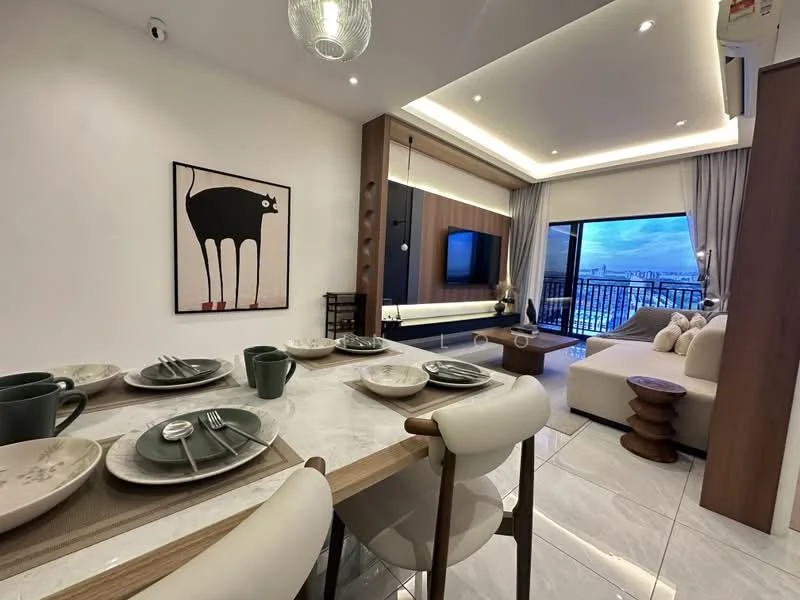 Living features: sofa in cream fabric, coffee table in wood, wall-mounted TV, feature wall with wooden paneling, floor-to-ceiling windows, curtains in light grey, recessed downlights, decorative artwork with cow illustration, dining table with white chairs, dinnerware set on table, light fixture with glass pendant, tile flooring in white, open layout, view of city skyline; style: modern; view: city.