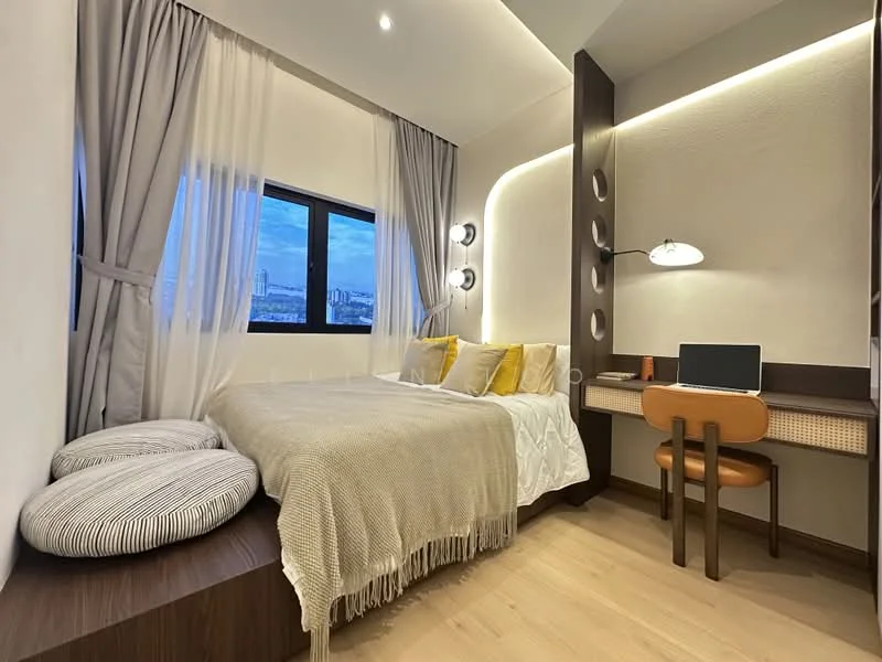 Bedroom features: queen-size bed with beige throw blanket, two yellow decorative pillows, wooden bedside table, wall-mounted reading lights, study desk with chair, laptop on desk, two round cushions, floor-to-ceiling window with sheer curtains, light wood flooring, recessed ceiling lights, decorative wall paneling; style: modern; view: city.