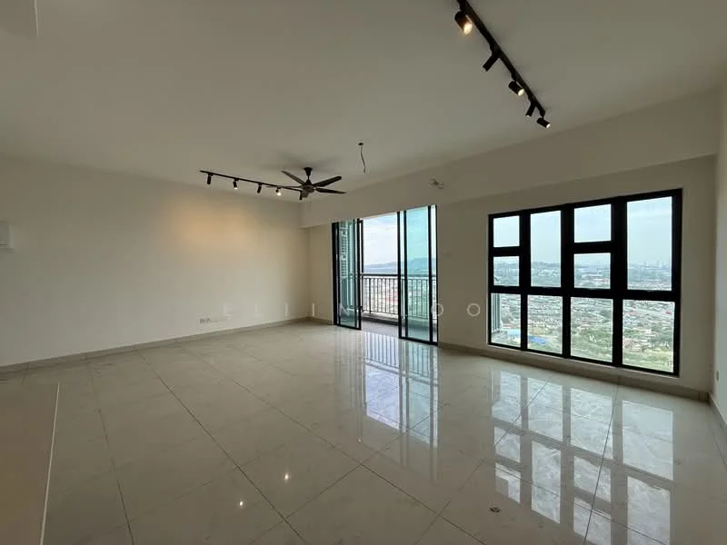 Living features: marble tile flooring, white painted walls, tray ceiling, 5-blade ceiling fan with light, floor-to-ceiling windows, sliding glass door, city view, recessed downlights; style: modern; view: city.