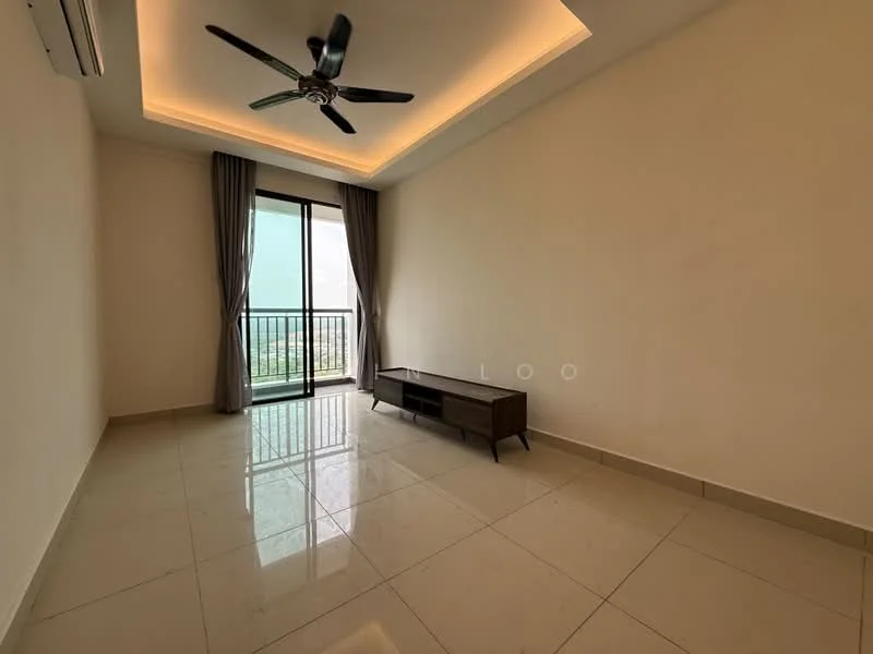 Living features: cream painted walls, polished marble flooring, 5-blade ceiling fan with light, floor-to-ceiling windows, sliding glass door, curtains, recessed lighting, TV console; style: modern; view: city.
