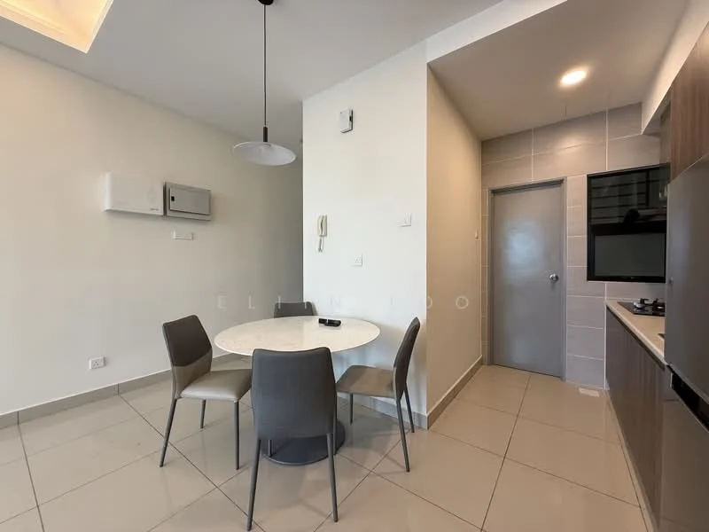 Dining features: round dining table with marble top, 4 upholstered dining chairs, wall-mounted air conditioning unit, grey tiled flooring, recessed ceiling lights, white painted walls, kitchenette area with grey cabinetry, built-in oven, microwave, stainless-steel gas hob, sliding door to kitchen, door leading to hallway; style: modern.