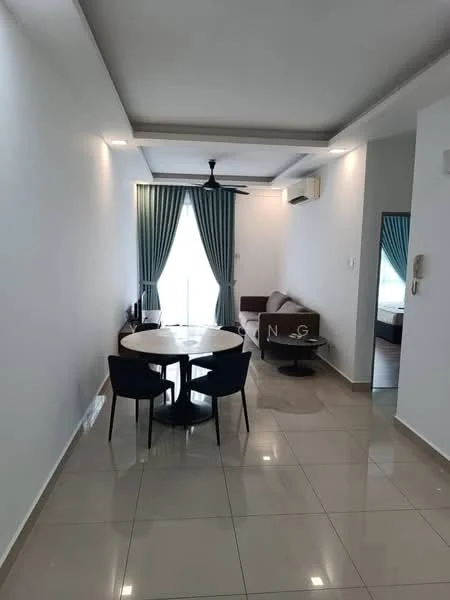 Living features: white painted walls, glossy tile flooring, 5-blade ceiling fan with light, floor-to-ceiling windows, sheer curtains, sofa in brown, round dining table, 4 upholstered dining chairs, wall-mounted air conditioning unit, decorative mirror, area rug; style: modern.