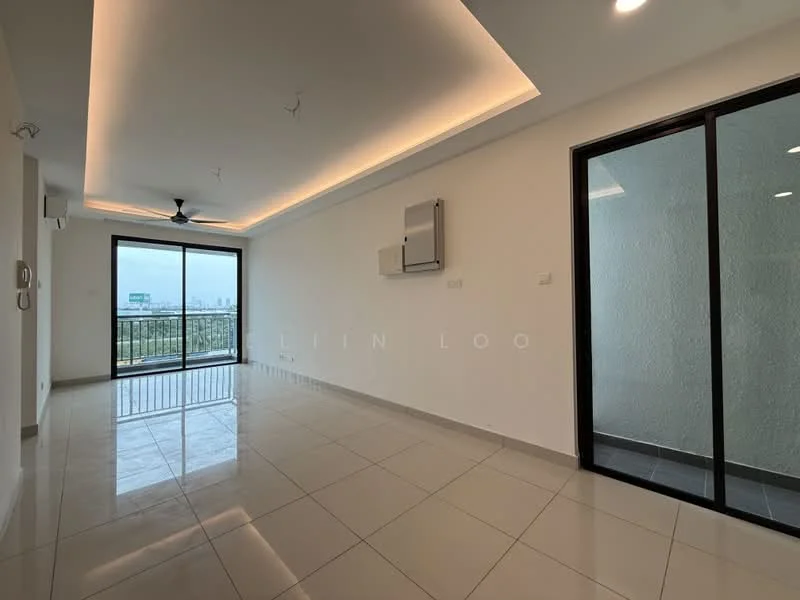 Living features: white painted walls, recessed ceiling with LED lighting, large floor-to-ceiling sliding glass door, balcony access, ceramic tile flooring, 1 ceiling fan, 1 wall-mounted split AC, view of city skyline; style: modern; view: city.